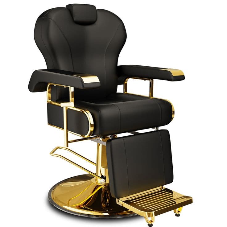 A luxurious black and gold hydraulic barber chair featuring a wide, cushioned seat, a high backrest with an integrated headrest, padded armrests, and a robust polished gold metal frame with a circular base and an adjustable footrest. — 3D model
