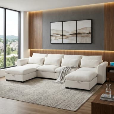 A contemporary modular U-shaped sectional sofa with six seating components, including two end sections with arms and two storage ottomans at the ends. The sofa is upholstered in a light, neutral fabric, likely linen or a similar textile, and features plush seat and back cushions. A grey throw blanket is draped over one section. — 3D model