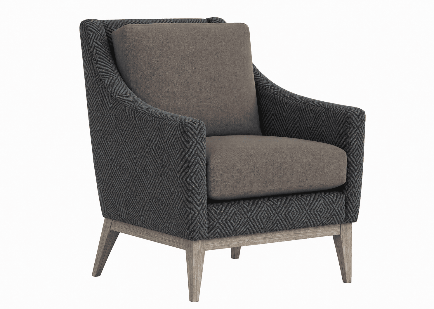 A contemporary armchair with a high back and flared arms. The exterior upholstery features a geometric diamond pattern in dark grey, while the seat cushion and back pillow are upholstered in a solid, neutral taupe fabric. The chair is supported by four tapered wooden legs in a light, natural wood finish. — 3D model
