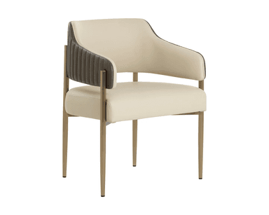 A contemporary dining armchair featuring a two-tone upholstered design and a metal frame. The seat and backrest are upholstered in a light cream or off-white material, while the exterior of the armrests features a contrasting dark brown or grey channel-tufted upholstery. The chair rests on slender, tapered metal legs with a matte gold or bronze finish. — 3D model