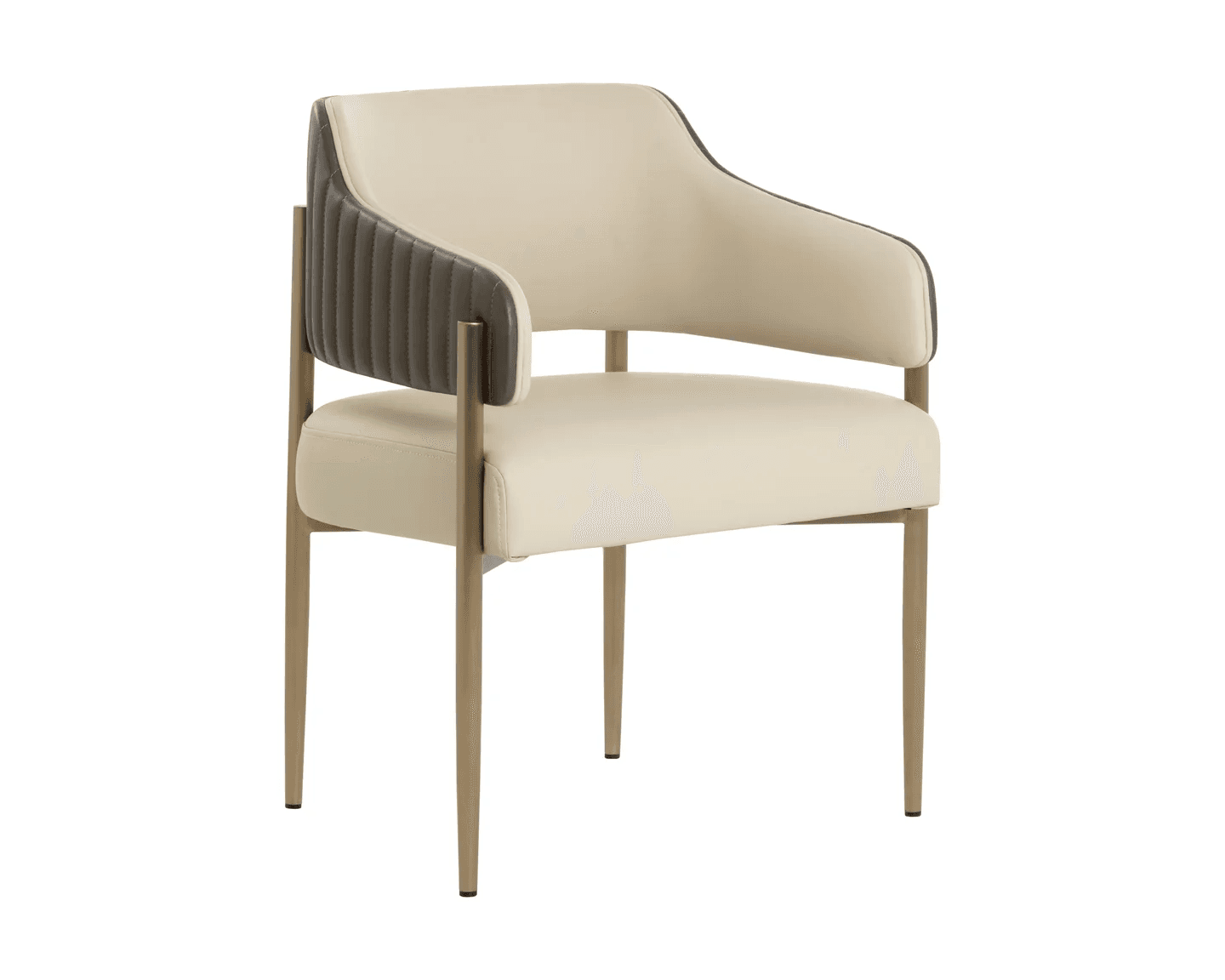 A contemporary dining armchair featuring a two-tone upholstered design and a metal frame. The seat and backrest are upholstered in a light cream or off-white material, while the exterior of the armrests features a contrasting dark brown or grey channel-tufted upholstery. The chair rests on slender, tapered metal legs with a matte gold or bronze finish. — 3D model