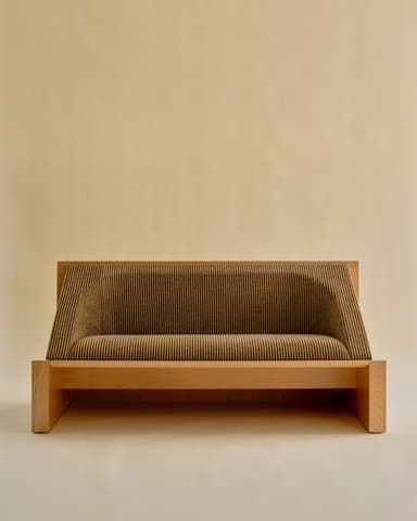 A modern upholstered bench sofa featuring a minimalist light wooden frame and distinctive vertically ribbed brown fabric. — 3D model