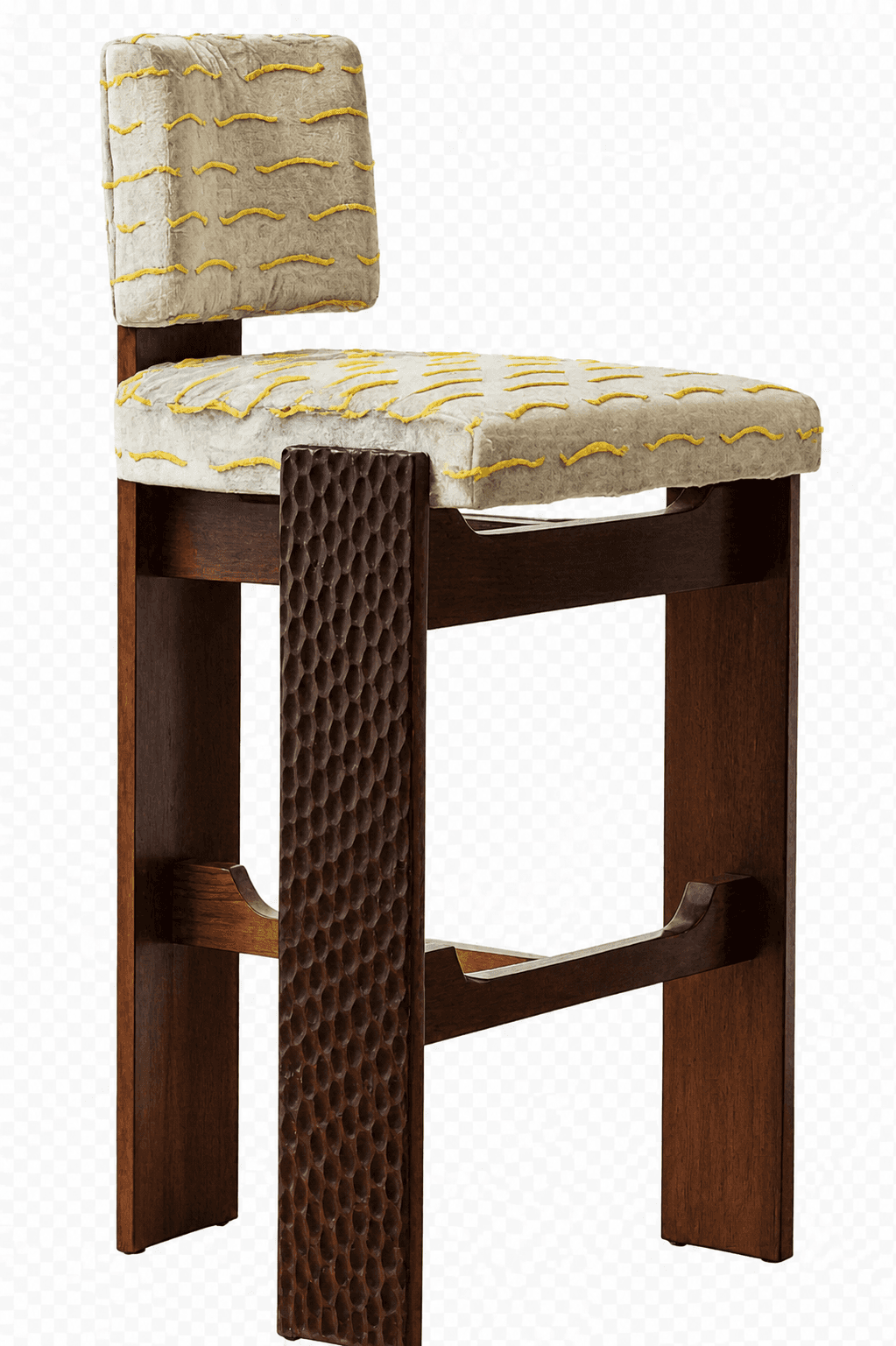 A bar stool with a wooden frame and upholstered seat and backrest. The wooden legs and supports are finished in a dark stain. The front supports feature a carved honeycomb pattern. The seat and backrest are upholstered in a light-colored fabric with a textured, shaggy appearance, embellished with yellow stitch-like details arranged in a wavy pattern. — 3D model