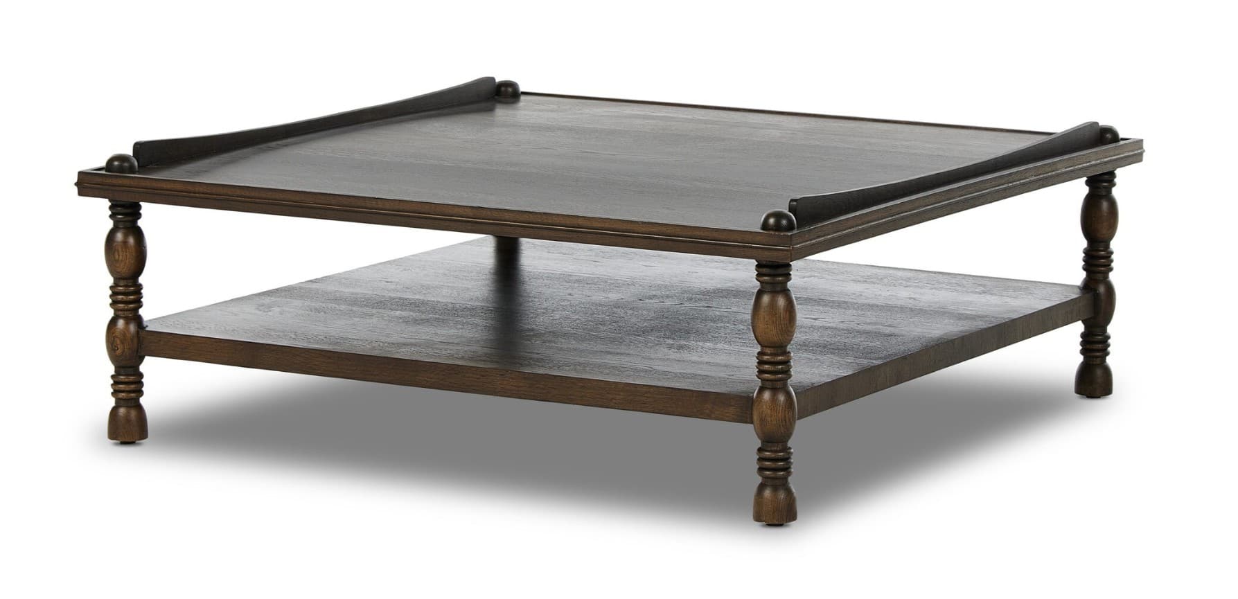 A square, two-tiered coffee table with turned legs and a raised edge on the top surface. The wood grain is visible, and the color is a dark brown. — 3D model