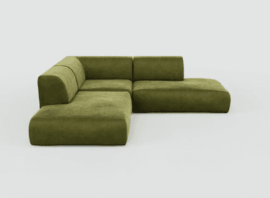 A modular sectional sofa, upholstered in a textured olive green fabric. The design features clean lines with rounded edges on the corner piece and ottoman-like extension. It appears to be constructed from multiple independent modules that can be reconfigured. — 3D model