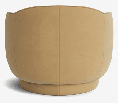 A modern, upholstered armchair with a rounded silhouette and a swivel base. The chair features a low, enveloping backrest that curves into the armrests, creating a continuous, soft form. The seat is also rounded and plush. The entire piece is covered in a textured fabric and rests on a cylindrical, self-finished base that allows for rotation. — 3D model