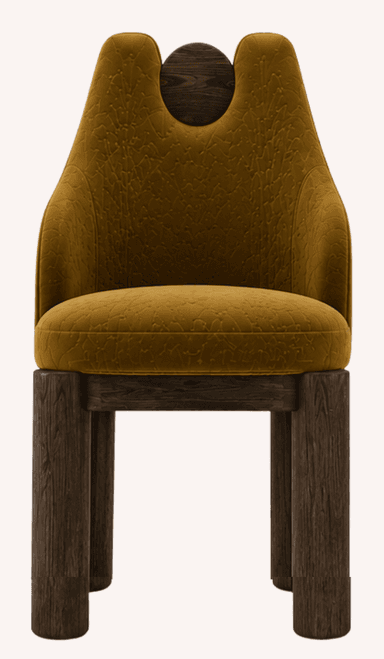 An upholstered dining chair featuring a unique sculptural cutout backrest, rich ochre-colored textured fabric, and chunky dark wood legs. — 3D model