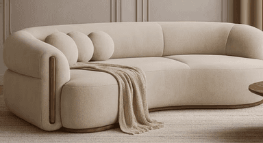 A contemporary curved sofa upholstered in light beige boucle fabric with subtle integrated wood accents. — 3D model