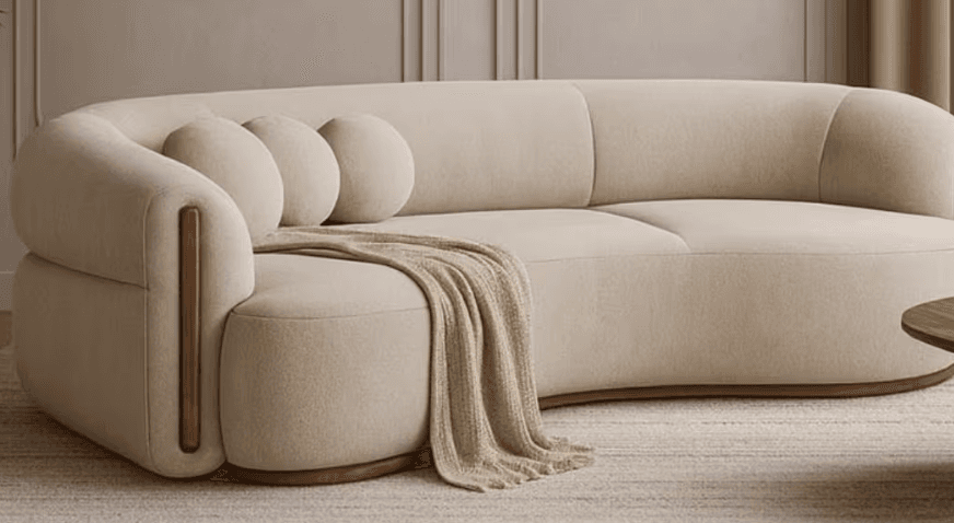 A contemporary curved sofa upholstered in light beige boucle fabric with subtle integrated wood accents. — 3D model