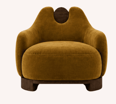 An upholstered accent chair featuring a rich, olive-green velvet fabric and distinctive dark wood elements. The chair has a rounded, contemporary silhouette with a deep seat and integrated arms. The most striking feature is its back, which incorporates a cut-out revealing a circular dark wood disc and a vertical dark wood accent panel from which a black tassel with brass hardware hangs. The chair is supported by a solid dark wood plinth-style base. — 3D model