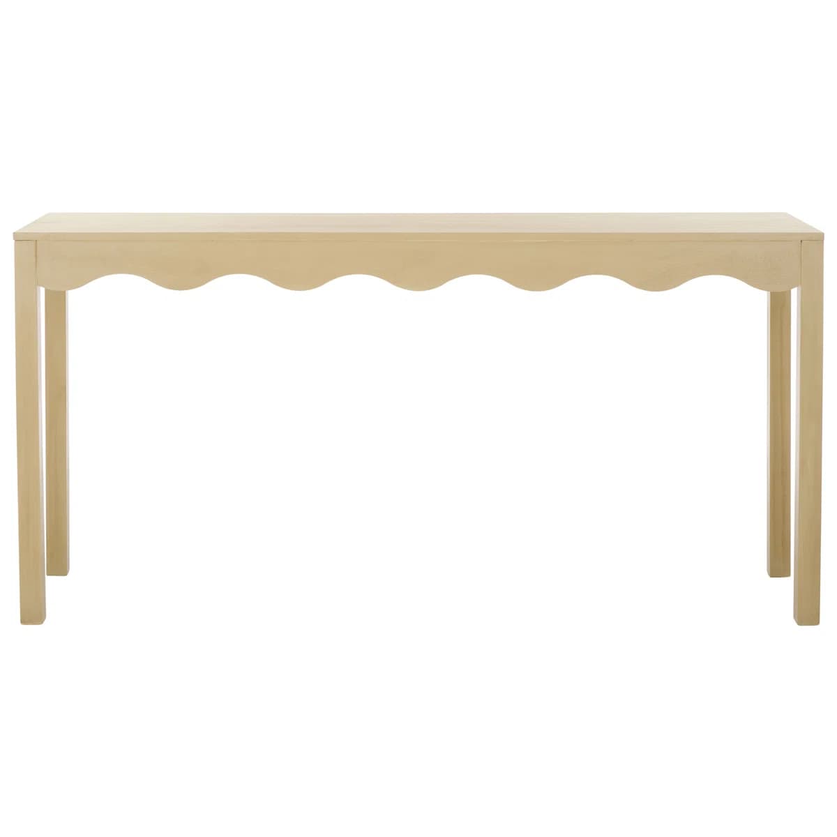 A light-toned wooden console table featuring a distinctive scalloped apron. It has a narrow, rectangular tabletop supported by four slender, straight legs, indicating a minimalist yet decorative design. — 3D model