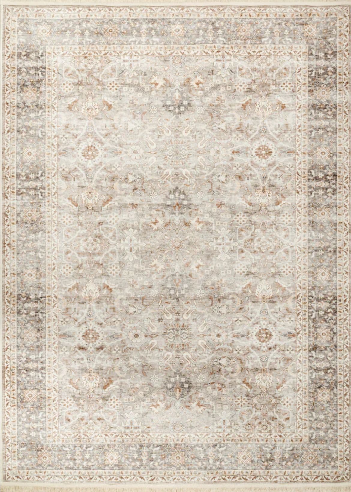 A rectangular area rug featuring a traditional, ornate medallion and floral pattern with a deliberately distressed or faded appearance. The color palette includes various shades of light gray, cream, brown, and subtle rust tones, contributing to its vintage aesthetic. It has a distinct border design and short fringes along the short edges. — 3D model
