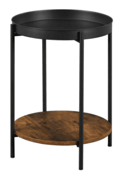 A compact round side table featuring a two-tier design. The top tier is a black metal tray with a raised edge, while the lower tier is a circular wooden shelf with a distressed, dark brown finish. Both tiers are supported by a minimalist frame constructed from slender black metal rods. — 3D model