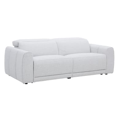 A contemporary three-seater sofa upholstered in a light gray textured fabric, featuring wide, subtly rounded armrests and distinct, structured back cushions. The sofa sits low to the ground on small, inconspicuous black feet, emphasizing a sleek and modern design. — 3D model
