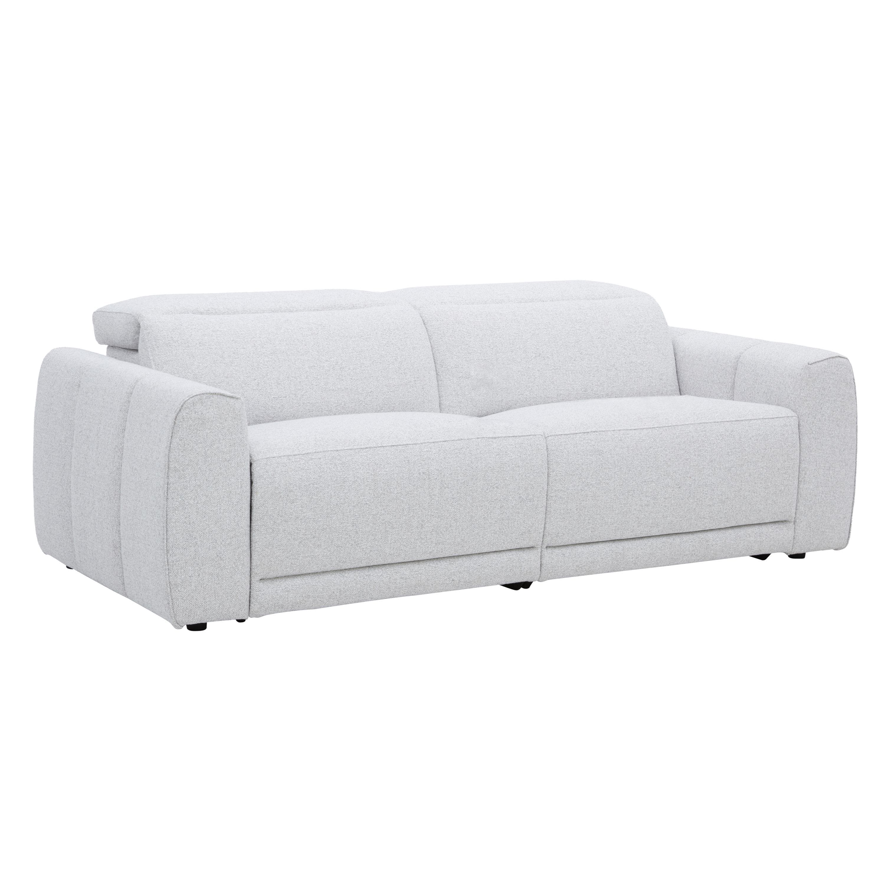 A contemporary three-seater sofa upholstered in a light gray textured fabric, featuring wide, subtly rounded armrests and distinct, structured back cushions. The sofa sits low to the ground on small, inconspicuous black feet, emphasizing a sleek and modern design. — 3D model