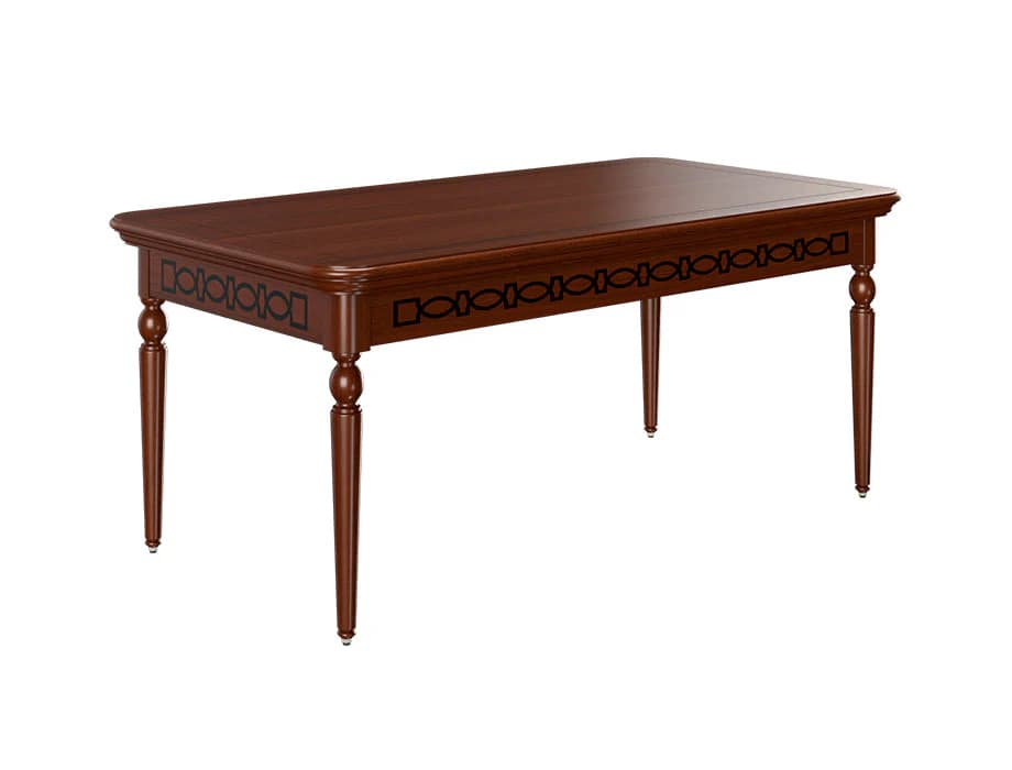 A rectangular dining table with a dark brown polished wooden top and four turned legs. The apron features a decorative geometric pattern in black. — 3D model