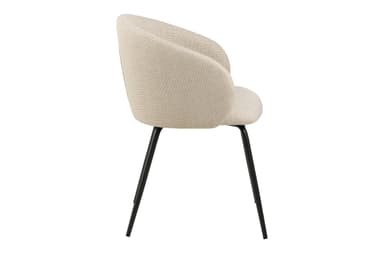 A contemporary dining armchair featuring a bucket-style seat and integrated armrests, all upholstered in a light beige, textured fabric. The chair is supported by four slender, tapered black metal legs. — 3D model