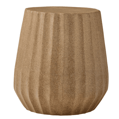 A contemporary, cylindrical accent stool with a tapered profile, featuring a unique vertical fluted texture and a granular, sand-like finish in a light beige color. — 3D model