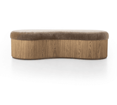 An oval-shaped ottoman with a plush velvet-like upholstered top and a wooden base. The base features vertical wood grain patterns, suggesting a veneered or solid wood construction with a natural wood finish. The transition between the upholstered top and the wooden base is seamless. — 3D model