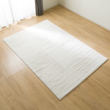 A rectangular rug with a textured surface and a subtle abstract pattern composed of curved lines and parallel strokes. The rug appears to be made of a soft, plush material. It is placed on a wooden floor. — 3D model