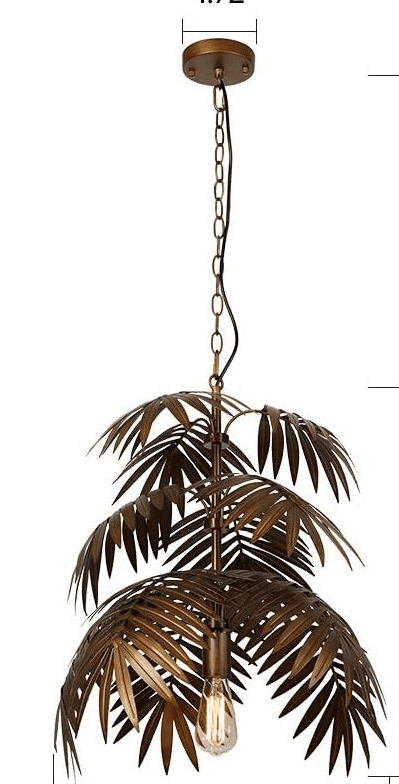 An antique brass or bronze finished pendant light designed with multiple layers of metallic palm fronds, suspended by a chain. It features a single exposed Edison-style filament bulb at its center, surrounded by the decorative leaf elements. — 3D model