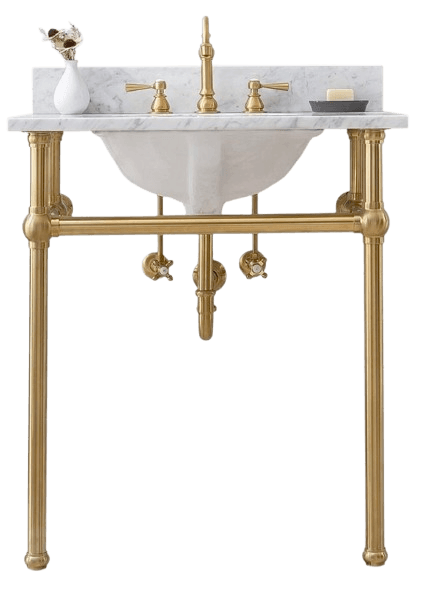 A vintage-style console vanity featuring a white marble countertop and backsplash, supporting a white ceramic sink. The vanity has a polished brass metal frame with four legs and horizontal support bars. It is equipped with a brass faucet with cross handles and a soap dish. Visible plumbing components are also present. — 3D model