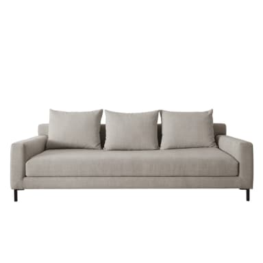 A three-seater sofa with a modern design, featuring a rectangular silhouette, plush seat cushions, and three loose back cushions. The sofa is upholstered in a light gray, textured fabric and is supported by thin, black, angled legs. — 3D model
