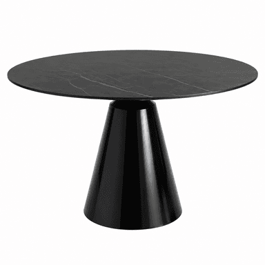 A modern round dining table featuring a black tabletop with subtle light veining, supported by a glossy black conical pedestal base. — 3D model
