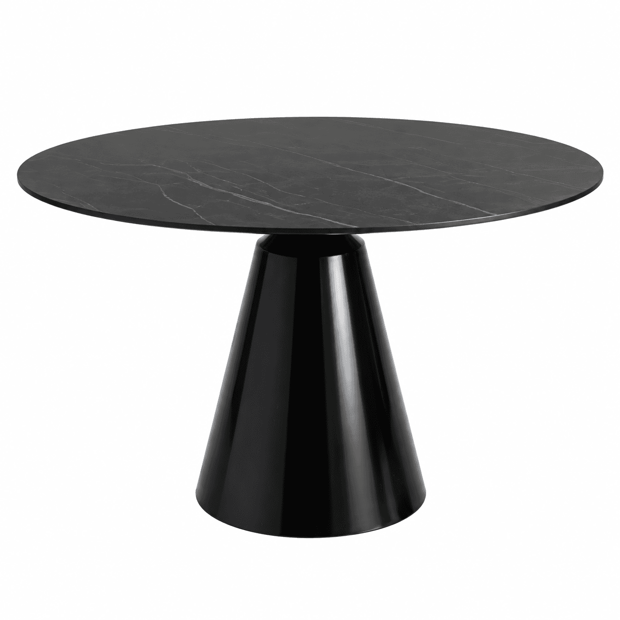 A modern round dining table featuring a black tabletop with subtle light veining, supported by a glossy black conical pedestal base. — 3D model