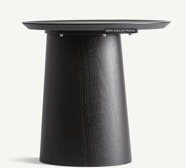 A modern side table featuring a dark-stained wood construction with a round, slightly dished top and a single, tapering pedestal base. The wood grain is visible through the dark finish. — 3D model