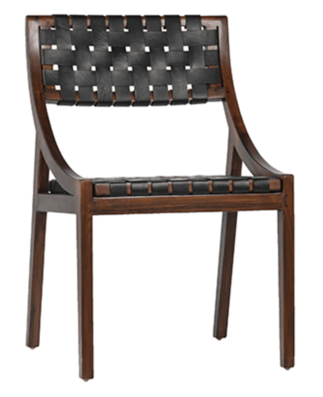 A side chair with a wooden frame and woven leather seat and back. The frame has a dark finish and features curved arms and legs. The seat and back are constructed from black leather straps woven in a grid pattern. — 3D model