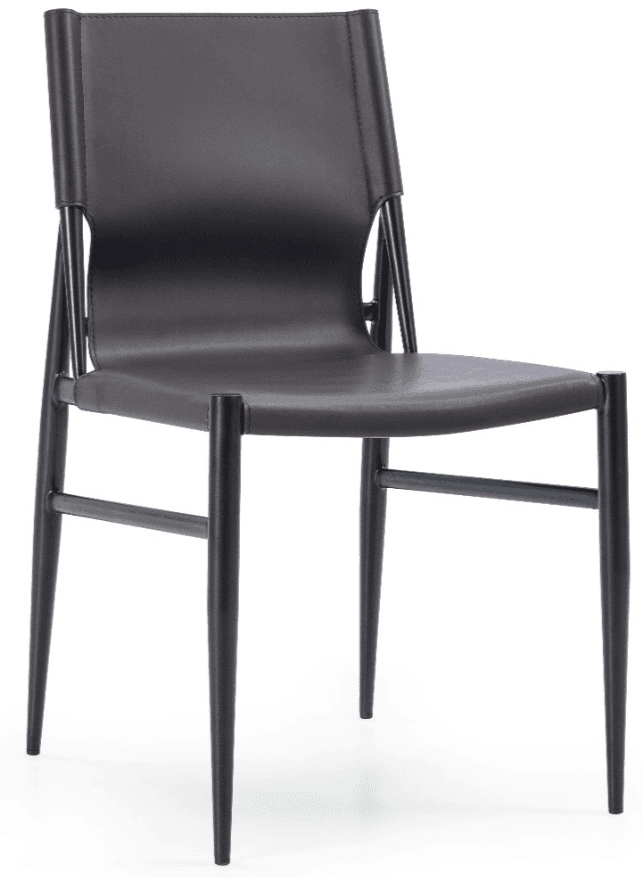An armless modern dining chair featuring a dark brown leather or faux leather sling-style seat and back, supported by a minimalist black metal frame with slender, tapered legs. — 3D model