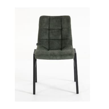A contemporary dining chair featuring a padded, curved backrest upholstered in a dark green, textured fabric. The chair's frame consists of slender, black-finished metal legs, providing a minimalist and sturdy foundation. The image captures the chair from the rear, highlighting the seamless transition from the upholstered back to the leg structure. The clean lines and monochromatic palette suggest a modern aesthetic suitable for various interior designs. — 3D model