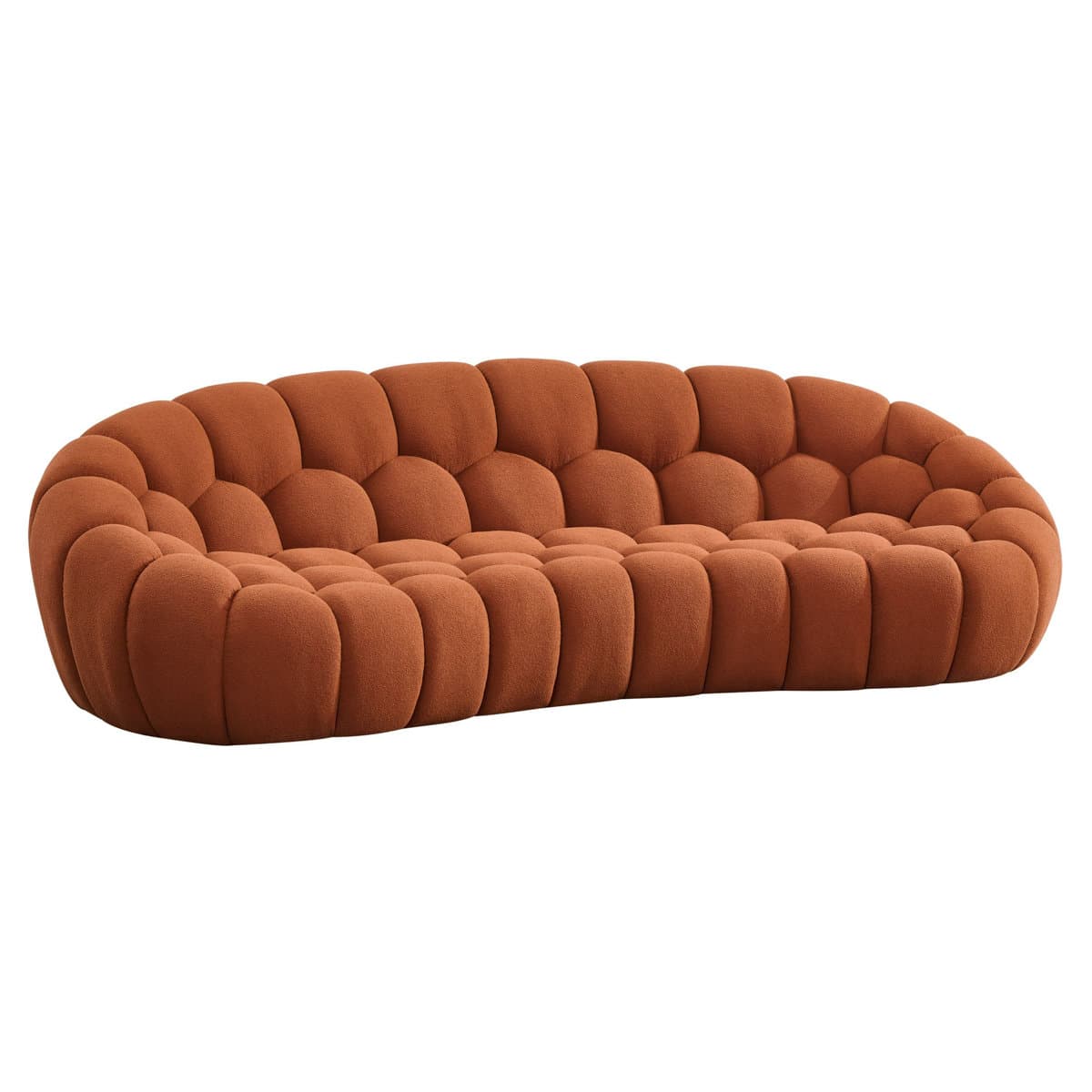 A generously proportioned, low-profile sofa with a rounded, organic silhouette. The upholstery features a tufted design with a bubble-like or rounded square pattern across the seat, back, and arms, creating a plush and inviting appearance. The sofa lacks visible legs, appearing to sit directly on the floor or have an integrated base. — 3D model
