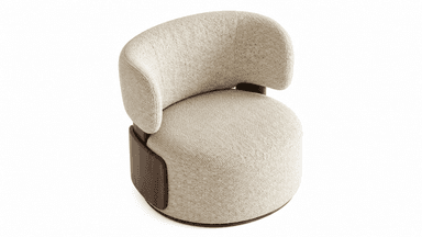 A contemporary armless accent chair featuring a rounded, upholstered seat and a separate, upholstered backrest. The chair is covered in a light beige, textured fabric and features dark wood or composite structural elements on its sides and base, suggesting a swivel mechanism. — 3D model