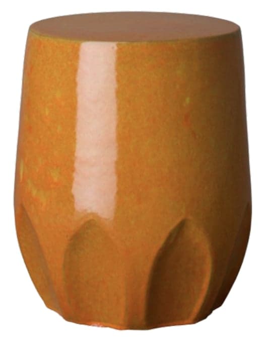 A vibrant orange glazed ceramic stool, featuring a cylindrical form with a slightly tapered body and sculpted indentations around the base. The top surface is flat, and the glossy finish has subtle color variations. — 3D model