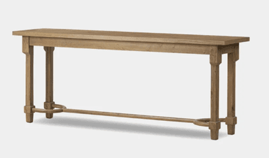 A long, narrow wooden console table with a rectangular top surface. It features four straight, block-style legs connected by a horizontal stretcher bar along the bottom. Distinctive curved, semi-circular wooden supports are integrated into the stretcher bar near the base of each leg. The wood exhibits a light, natural, or distressed finish. — 3D model