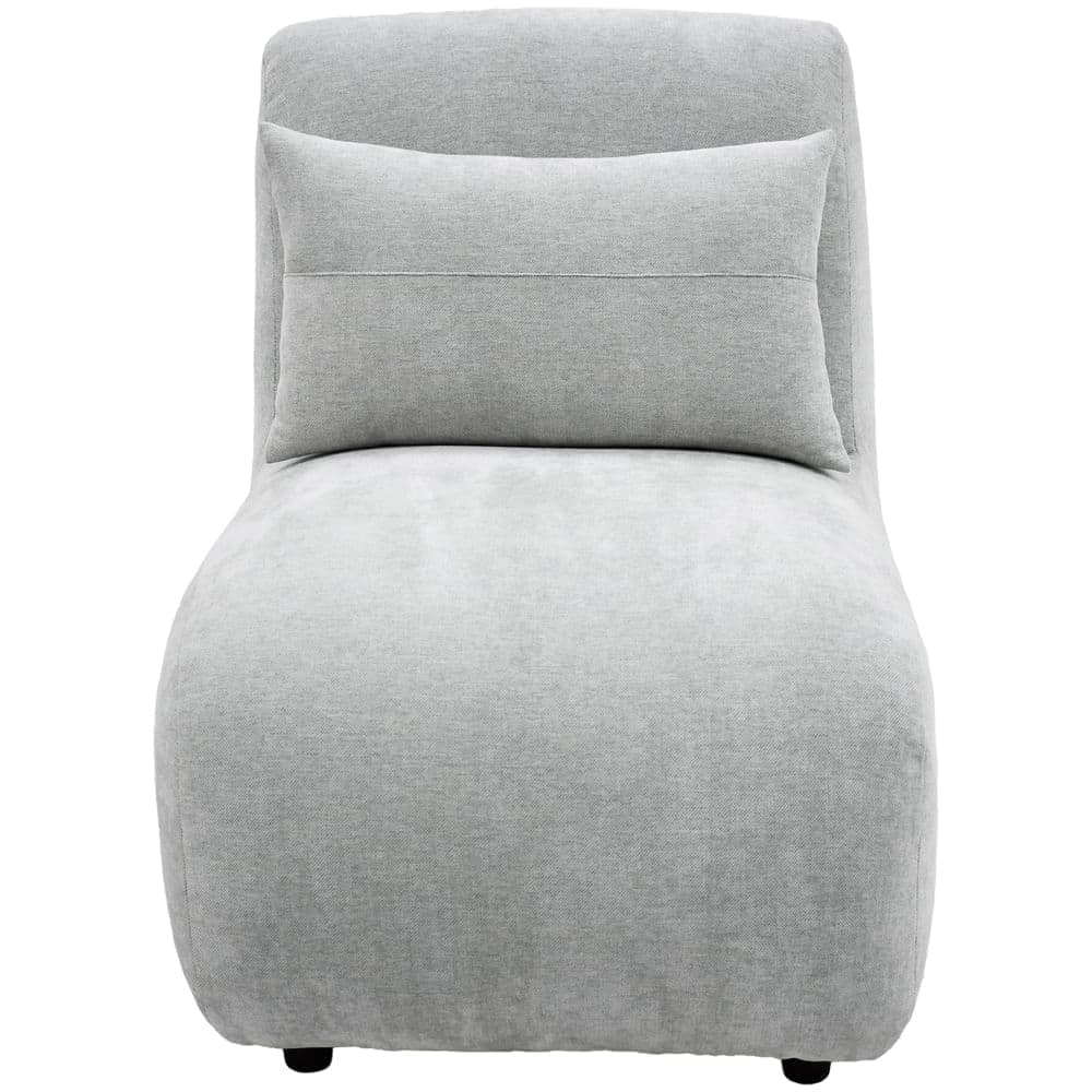 An armless, fully upholstered chaise lounge in a light gray fabric, featuring a clean, minimalist design and an included rectangular back cushion. — 3D model