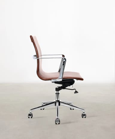 A stylish mid-century modern-inspired office chair featuring brown leather upholstery, a polished chrome frame, and a five-star swivel base with caster wheels. The chair has open, cantilevered armrests integrated into the frame. The seat and backrest are padded and contoured, suggesting comfort for desk work. — 3D model