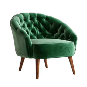 A single armchair with a rounded back and seat, upholstered in a deep green velvet fabric. The upholstery features diamond tufting across the back and seat. It is supported by four tapered wooden legs. — 3D model