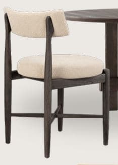 An armless chair featuring a dark stained wooden frame with a curved upholstered backrest and a round upholstered seat. The chair has four tapering legs reinforced by a stretcher base. — 3D model