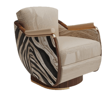 A luxurious lounge chair featuring a distinctive abstract zebra-print patterned exterior, upholstered in a light-colored, textured fabric for the seat and inner back. It has a curved, dark wood frame with brass accents and a cylindrical swivel base. — 3D model