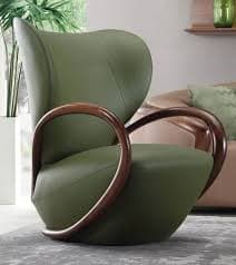A stylish lounge chair featuring a high, curved back and an ergonomic seat, all upholstered in a matte olive green material. The chair is characterized by its prominent, continuous bentwood armrests in a dark brown finish that loop gracefully from the back to the front of the seat. The design exudes a mid-century modern aesthetic, combining comfort with elegant, organic lines. — 3D model