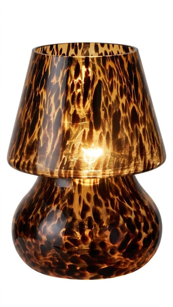 A mushroom-shaped table lamp featuring a two-part glass construction with a distinctive amber and brown tortoiseshell pattern. The base is rounded and bulbous, while the upper portion forms a conical shade, both made from translucent patterned glass, allowing light to diffuse warmly. — 3D model