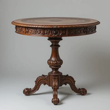A dark brown wooden pedestal table with a round top featuring intricate marquetry. The table exhibits extensive ornate carving along the apron, the turned pedestal, and the scrolled tripod feet. The overall aesthetic is traditional and highly decorative. — 3D model
