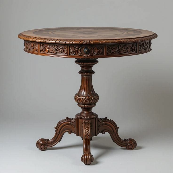 A dark brown wooden pedestal table with a round top featuring intricate marquetry. The table exhibits extensive ornate carving along the apron, the turned pedestal, and the scrolled tripod feet. The overall aesthetic is traditional and highly decorative. — 3D model
