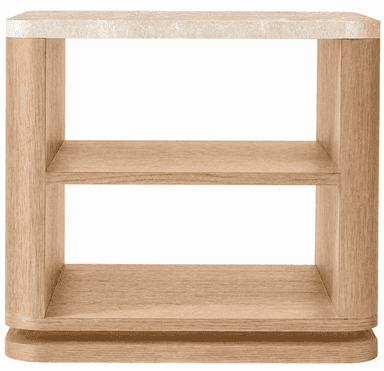 A square, two-tier side table featuring an open-shelf design, constructed from light-colored wood with rounded edges and a light-toned stone top. — 3D model