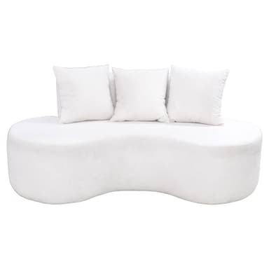 A contemporary white upholstered sofa featuring a distinctive serpentine, wavy base and a low, continuously curved backrest. It is accompanied by three square, white throw pillows, contributing to its minimalist and sculptural aesthetic. — 3D model
