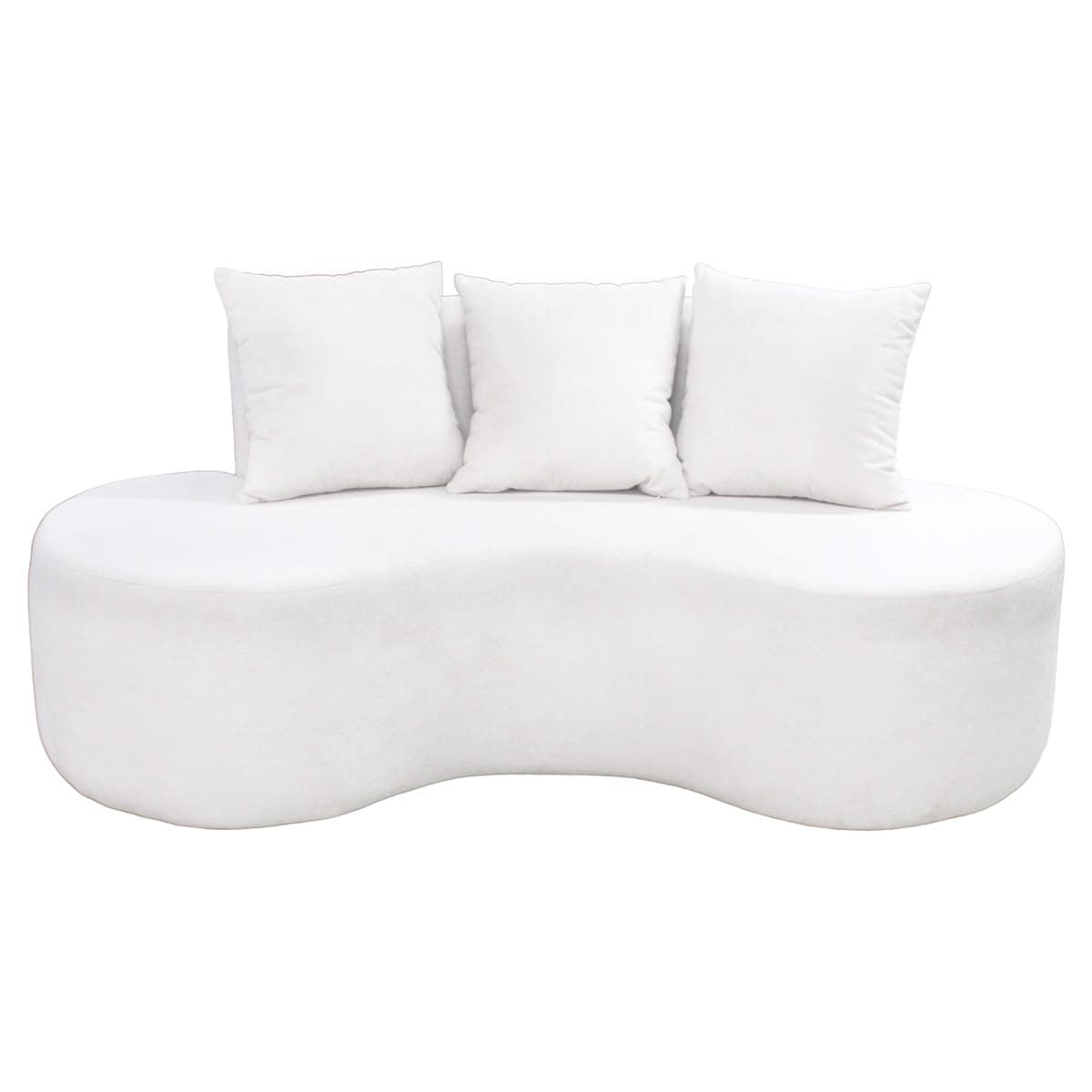 A contemporary white upholstered sofa featuring a distinctive serpentine, wavy base and a low, continuously curved backrest. It is accompanied by three square, white throw pillows, contributing to its minimalist and sculptural aesthetic. — 3D model
