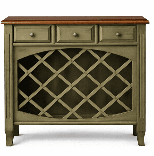 A rustic wine bar cabinet featuring a distressed sage green finish on its wooden frame and a contrasting dark wood top. The upper section contains three functional drawers with simple knob pulls, while the lower half is dedicated to wine storage, equipped with a diamond-patterned lattice designed to hold multiple bottles. The cabinet stands on tapered block feet, and the paint finish exhibits intentional wear for an aged aesthetic. — 3D model